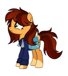 Size: 751x851 | Tagged: safe, artist:pumpkinpieforlife, derpibooru import, edit, editor:nc-tv, oc, oc:goldi, unofficial characters only, pegasus, pony, background removed, bag, blue, clothes, drawstrings, female, freckles, gradient mane, green eyes, hoodie, image, looking up, mare, nervous, pegasus oc, png, saddle bag, simple background, socks (coat marking), standing, sticker, transparent background, two toned mane, two toned wings, wings