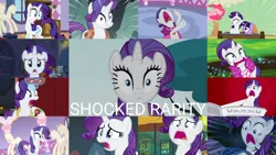 Size: 1280x721 | Tagged: safe, derpibooru import, edit, edited screencap, editor:quoterific, screencap, pinkie pie, rarity, twilight sparkle, earth pony, pony, unicorn, a dog and pony show, castle mane-ia, fake it 'til you make it, for whom the sweetie belle toils, inspiration manifestation, ponyville confidential, secret of my excess, sisterhooves social, stare master, the end in friend, the gift of the maud pie, the last roundup, the saddle row review, ^^, bag, carousel boutique, cart, eyes closed, female, glasses, image, male, mannequin, mare, marshmelodrama, newspaper, nose in the air, open mouth, png, rarity being rarity, rarity's glasses, saddle bag, shocked, shocked expression, stallion, unicorn twilight, volumetric mouth, wide eyes