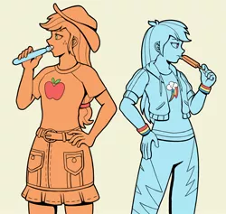 Size: 2244x2125 | Tagged: safe, artist:ecchiorange0317, derpibooru import, applejack, rainbow dash, human, equestria girls, equestria girls series, appledash, digital art, female, food, hands on hip, holding, ice cream, image, jpeg, lesbian, licking, looking to side, monochrome, popsicle, profile, shipping, simple background, standing, sweatband, tongue out