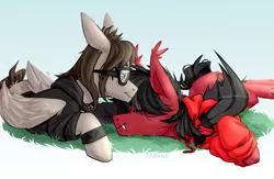 Size: 1500x978 | Tagged: safe, artist:ilovefraxus, derpibooru import, ponified, bat pony, pegasus, pony, bat wings, clothes, commission, ear fluff, eyes closed, fall out boy, fangs, floppy ears, folded wings, gay, glasses, grass, happy, hoodie, image, jewelry, lying down, male, mikey way, my chemical romance, necklace, outdoors, pete wentz, png, prone, shipping, side, smiling, stallion, tattoo, wings, wristband, ych result