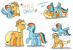 Size: 2125x1476 | Tagged: safe, artist:ecchiorange0317, derpibooru import, applejack, rainbow dash, earth pony, pegasus, pony, appledash, blushing, cutie mark, digital art, exclamation point, eyes closed, facing each other, female, flying, hat, heart, image, jpeg, kiss on the cheek, kissing, lesbian, looking at each other, looking down, looking up, lying down, multicolored mane, on back, on top, open mouth, protecting, rain, raised hoof, running, shipping, simple background, size difference, smiling, spread wings, standing over, tongue out, tsundere, wet, wet mane, white background, wingboner, wings