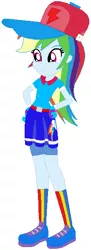 Size: 218x600 | Tagged: safe, artist:selenaede, artist:user15432, derpibooru import, rainbow dash, human, equestria girls, base used, baseball cap, belt, blue dress, cap, clothes, gloves, golf, hands on hip, hat, image, png, rainbow socks, red hat, shoes, sneakers, socks, sports, sports outfit, sporty style, striped socks