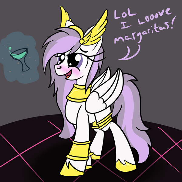 Size: 2000x2000 | Tagged: safe, artist:dafiltafish, derpibooru import, oc, oc:athena lanty zupondonia, unofficial characters only, pegasus, pony, alcohol, blushing, drunk, female, guardians of pondonia, high res, image, mare, margarita, pegasus magic, png, text