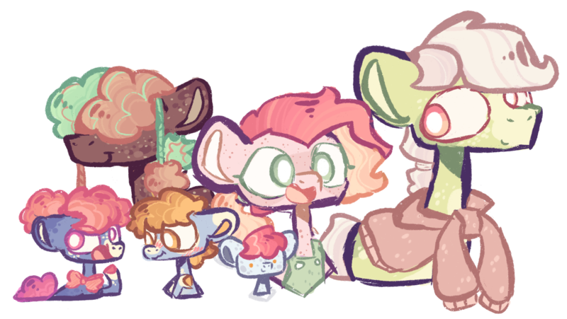 Size: 2878x1621 | Tagged: safe, artist:dazey-the-goat, derpibooru import, oc, oc:blue cheese, oc:cinnamon suncrisp, oc:johnny jubilee, oc:snowy apple, oc:spring green, oc:triple threat, earth pony, pony, apple family member, apron, baby, baby pony, bowtie, clothes, crack ship offspring, freckles, hair over eyes, image, offspring, parent:apple bloom, parent:apple brown betty, parent:apple split, parent:big macintosh, parent:blue bobbin, parent:cheerilee, parent:doctor whooves, parent:roseluck, parent:rumble, png, simple background, sweater, transparent background