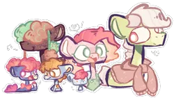 Size: 2878x1621 | Tagged: safe, artist:dazey-the-goat, derpibooru import, oc, oc:blue cheese, oc:cinnamon suncrisp, oc:johnny jubilee, oc:snowy apple, oc:spring green, oc:triple threat, earth pony, pony, apple family member, apron, baby, baby pony, bowtie, clothes, crack ship offspring, freckles, hair over eyes, image, offspring, parent:apple bloom, parent:apple brown betty, parent:apple split, parent:big macintosh, parent:blue bobbin, parent:cheerilee, parent:doctor whooves, parent:roseluck, parent:rumble, png, simple background, sweater, transparent background