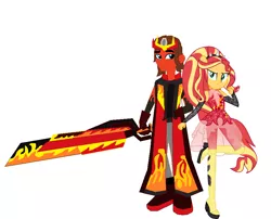 Size: 890x720 | Tagged: safe, artist:robertsonskywa1, derpibooru import, sunset shimmer, human, equestria girls, equestria girls series, couple, hot rod, humanized, image, photo, png, rodimus, super ponied up, sword, transformers, weapon