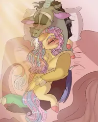 Size: 899x1123 | Tagged: safe, artist:cocolove2176, derpibooru import, discord, fluttershy, draconequus, pegasus, pony, colored hooves, discoshy, eyes closed, female, hug, image, jpeg, male, mare, pillow, shipping, sleeping, straight, wings