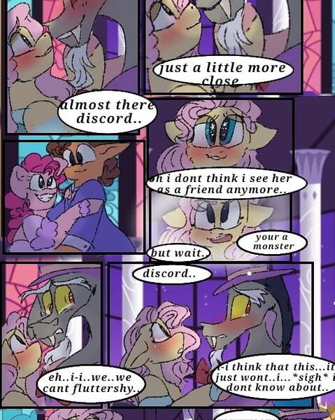 Size: 540x676 | Tagged: safe, artist:cocolove2176, derpibooru import, cheese sandwich, discord, fluttershy, pinkie pie, draconequus, earth pony, pegasus, pony, comic:fluttering chaos, blushing, cheesepie, comic, dialogue, discoshy, female, image, jpeg, male, mare, shipping, smiling, stallion, straight