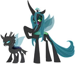 Size: 4096x3483 | Tagged: safe, artist:agdapl, derpibooru import, edit, queen chrysalis, changeling, changeling queen, duo, female, hoof on chest, image, png, raised hoof, simple background, transparent background