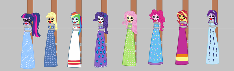 Size: 4080x1232 | Tagged: safe, artist:brightstar40k, derpibooru import, applejack, fluttershy, pinkie pie, rainbow dash, rarity, starlight glimmer, sunset shimmer, twilight sparkle, equestria girls, arm behind back, ballgag, bondage, bound and gagged, clothes, gag, image, long dress, long skirt, nightgown, png, pole tied, skirt, tied up