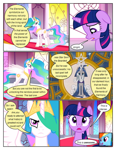 Size: 612x792 | Tagged: safe, artist:newbiespud, derpibooru import, edit, edited screencap, screencap, princess celestia, rainbow dash, star swirl the bearded, twilight sparkle, alicorn, pegasus, pony, unicorn, comic:friendship is dragons, the crystal empire, bust, comic, d:, dialogue, eyelashes, female, hair over one eye, hoof shoes, horn, image, indoors, jewelry, male, mare, open mouth, peytral, png, screencap comic, stained glass, stallion, tiara, unicorn twilight, wings