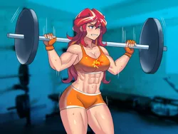 Size: 800x600 | Tagged: safe, artist:tzc, derpibooru import, sunset shimmer, human, equestria girls, abs, barbell, belly button, blushing, breasts, busty sunset shimmer, clothes, commission, determined, female, fingerless gloves, gloves, gritted teeth, gym, gym shorts, human coloration, image, jpeg, muscles, muscular female, orange underwear, shiny skin, shorts, smiling, solo, solo female, sports bra, sports shorts, sunset lifter, sweat, teal eyes, tomboy, two toned bottomwear, two toned hair, underwear, weight lifting