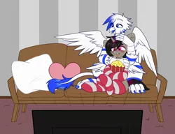 Size: 2600x2000 | Tagged: safe, artist:etoz, derpibooru import, oc, oc:light speed, oc:robin, unofficial characters only, alicorn, gryphon, pony, alicorn oc, blushing, clothes, commission, couch, female, griffon oc, happy, heart, heart pillow, horn, image, male, mare, open mouth, pillow, png, sitting, smiling, socks, stockings, striped socks, television, thigh highs, wings