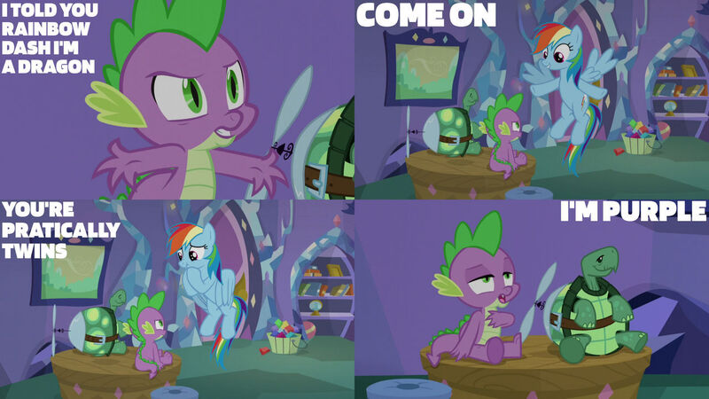 Size: 1280x720 | Tagged: safe, derpibooru import, edit, edited screencap, editor:quoterific, screencap, rainbow dash, spike, tank, dragon, pegasus, pony, tortoise, tanks for the memories, female, flying, image, jpeg, male, mare, open mouth, sitting, smiling, stallion