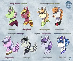 Size: 1410x1181 | Tagged: safe, artist:inuhoshi-to-darkpen, derpibooru import, oc, oc:cherry bomb, oc:golden touch, oc:peachy magnolia, oc:shamrock, oc:shiny pitch, oc:sleepy lullaby, oc:star light, oc:star sapphire, unofficial characters only, earth pony, pegasus, pony, unicorn, cap, clothes, ear fluff, ear piercing, earring, earth pony oc, facial hair, freckles, glasses, hat, hoodie, horn, image, jewelry, moustache, mouth hold, parent:amethyst star, parent:cherry blossom, parent:cloverleaf, parent:golden harvest, parent:noteworthy, parent:rainbow stars, parent:royal riff, parent:silver script, parent:star bright, parent:written script, pegasus oc, piercing, png, unicorn oc, wings