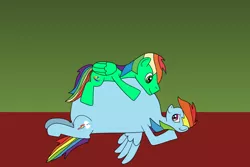 Size: 1280x854 | Tagged: safe, artist:platinumdrop, derpibooru import, rainbow dash, oc, belly, belly bed, big belly, canon x oc, fat, huge belly, image, impossibly large belly, jpeg, rainblob dash, request, shipping, stuffed belly