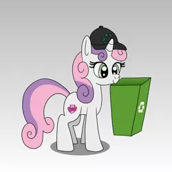 Size: 1280x1280 | Tagged: safe, artist:platinumdrop, derpibooru import, sweetie belle, pony, unicorn, baseball cap, cap, female, filly, gradient background, hat, image, jpeg, mouth hold, recycle bin, request, simple background, solo