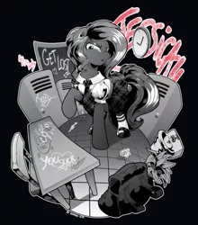 Size: 781x889 | Tagged: safe, artist:dormin-kanna, derpibooru import, oc, oc:jessi-ka, earth pony, pony, angry, bag, clothes, earth pony oc, female, image, lockers, manga, monochrome, necktie, png, school, school uniform, schoolgirl, shirt, skirt, solo, uniform