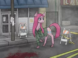 Size: 1400x1034 | Tagged: semi-grimdark, artist:necromarecy, derpibooru import, pinkie pie, earth pony, pony, blood, city, clothes, crossover, image, jacket, jpeg, pinkamena diane pie, police tape, silent hill, silent hill 2, solo