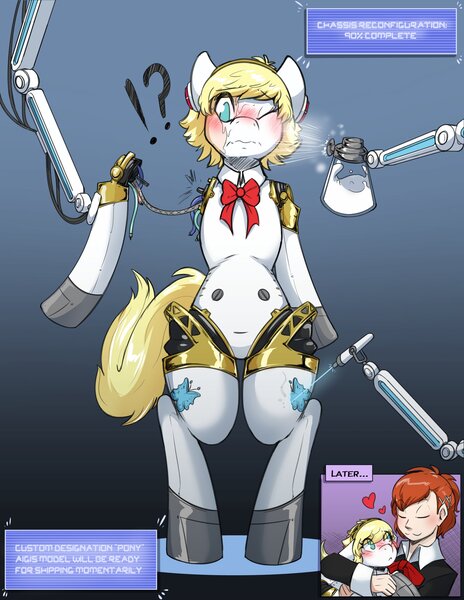 Size: 2550x3300 | Tagged: safe, artist:helixjack, derpibooru import, ponified, pony, robot, robot pony, aigis, assembly, bipedal, blushing, comic, commission, cutie mark, exclamation point, female, floating heart, floppy ears, gradient background, heart, image, interrobang, jpeg, megami tensei, one eye closed, persona 3, question mark, robotic arm, shin megami tensei, spray paint