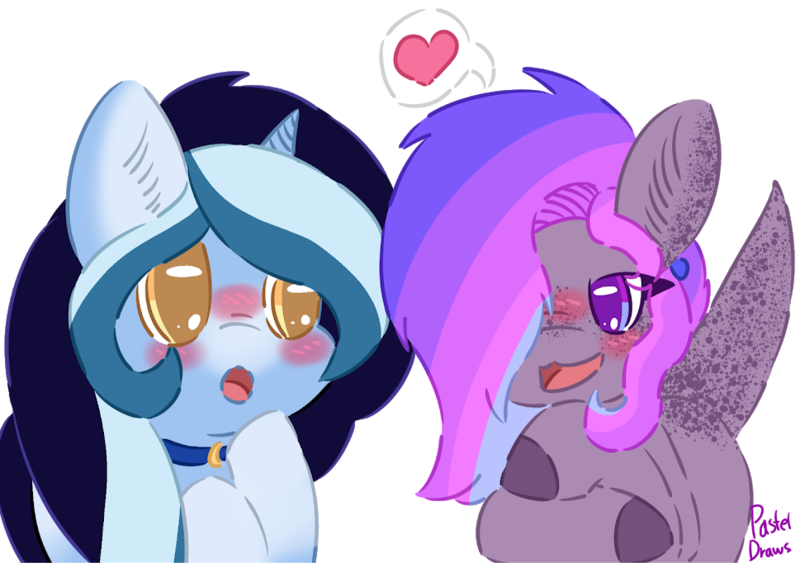 Size: 969x682 | Tagged: safe, artist:pasteldraws, derpibooru import, oc, oc:eclipse, oc:hiro, pony, unicorn, blushing, dino pony, flirting, freckles, image, jewelry, necklace, png, shipping, simple background, transparent background