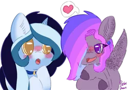 Size: 969x682 | Tagged: safe, artist:pasteldraws, derpibooru import, oc, oc:eclipse, oc:hiro, pony, unicorn, blushing, dino pony, flirting, freckles, image, jewelry, necklace, png, shipping, simple background, transparent background