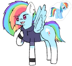 Size: 739x682 | Tagged: safe, artist:pasteldraws, derpibooru import, rainbow dash, pegasus, pony, alternate timeline, clothes, hoodie, image, png, redesign, scar, simple background, solo, transparent background