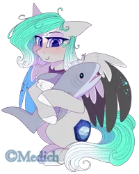 Size: 2133x2663 | Tagged: safe, artist:mediasmile666, derpibooru import, oc, unofficial characters only, pegasus, pony, blushing, female, floppy ears, hoof hold, image, mare, plushie, png, shark plushie, simple background, sitting, solo, transparent background