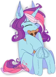 Size: 1708x2340 | Tagged: safe, artist:mediasmile666, derpibooru import, oc, oc:rain, unofficial characters only, pony, unicorn, commission, cutie mark, eye clipping through hair, eyes closed, female, hoof fluff, hoof hold, hooves to the chest, hug, image, mare, plushie, png, simple background, sitting, solo, teddy bear, transparent background, underhoof