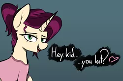 Size: 1774x1172 | Tagged: safe, artist:pinkberry, derpibooru import, oc, oc:mulberry merlot, unicorn, bedroom eyes, clothes, colored sketch, female, freckles, heart, image, png, shirt, solo, speech, t-shirt, talking, tattoo, text