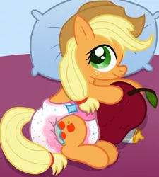 Size: 1710x1900 | Tagged: suggestive, artist:sweetielover, derpibooru import, applejack, earth pony, apple, baby bottle, bed, bedtime, diaper, diaper fetish, female, fetish, food, hug, image, pillow, plushie, png, poofy diaper, solo