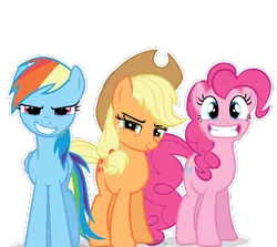 Size: 555x495 | Tagged: artist needed, safe, derpibooru import, applejack, pinkie pie, rainbow dash, earth pony, pegasus, pony, applejack's hat, cowboy hat, female, gritted teeth, hat, image, looking at you, png, simple background, teeth, transparent background, trio, trio female, vector, white outline