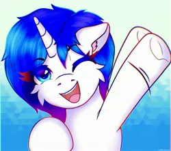 Size: 3086x2730 | Tagged: safe, artist:legionsunite, derpibooru import, oc, oc:magenta pulse, unofficial characters only, pony, unicorn, female, high res, horn, image, jpeg, mare, one eye closed, smiling, unicorn oc, waving, wink