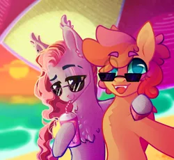 Size: 1482x1361 | Tagged: safe, artist:alrumoon.art, derpibooru import, oc, oc:alruna moonrise, unofficial characters only, bat pony, earth pony, chest fluff, image, lidded eyes, looking at you, png, smiling, sunglasses