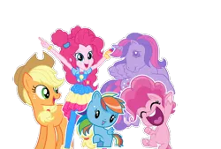 Size: 960x650 | Tagged: artist needed, safe, derpibooru import, applejack, pinkie pie, rainbow dash, twilight sparkle, twilight sparkle (alicorn), alicorn, earth pony, human, pony, equestria girls, equestria girls series, friendship is magic, my little pony: pony life, applejack's hat, cowboy hat, cutie mark crew, eyes closed, g1, g4 to g1, generation leap, hat, image, music festival outfit, open mouth, png, simple background, toy, transparent background, vector, white background