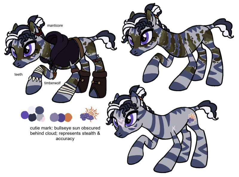 Size: 1800x1338 | Tagged: safe, artist:flipwix, derpibooru import, oc, oc:wyld snare, unofficial characters only, zebra, belt, boots, bracelet, camouflage, cloak, clothes, dirt, dnd, dungeons and dragons, ear piercing, earring, eye scar, fantasy class, female, hood, image, jewelry, mud, necklace, pen and paper rpg, piercing, png, pouch, raised hoof, reference sheet, rogue, rpg, scar, shoes, simple background, solo, tape, teeth, tooth, transparent background, wrist tape, wrist wraps, zebra oc