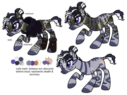 Size: 1800x1338 | Tagged: safe, artist:flipwix, derpibooru import, oc, oc:wyld snare, unofficial characters only, zebra, belt, boots, bracelet, camouflage, cloak, clothes, dirt, dnd, dungeons and dragons, ear piercing, earring, eye scar, fantasy class, female, hood, image, jewelry, mud, necklace, pen and paper rpg, piercing, png, pouch, raised hoof, reference sheet, rogue, rpg, scar, shoes, simple background, solo, tape, teeth, tooth, transparent background, wrist tape, wrist wraps, zebra oc