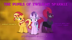 Size: 3840x2160 | Tagged: safe, artist:ejlightning007arts, artist:famousmari5, artist:tardifice, derpibooru import, fizzlepop berrytwist, starlight glimmer, sunset shimmer, tempest shadow, pony, unicorn, broken horn, clothes, counterparts, eye scar, horn, image, name, open mouth, png, pupils, scar, smiling, trio, twilight's counterparts, wallpaper