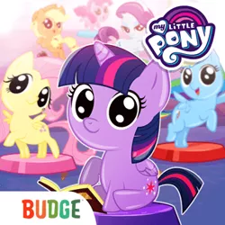 Size: 325x325 | Tagged: safe, derpibooru import, applejack, fluttershy, pinkie pie, rainbow dash, rarity, twilight sparkle, alicorn, app, app icon, book, image, logo, mane six, my little pony logo, png, pocket ponies, twilight sparkle (alicorn)