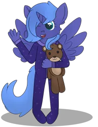 Size: 1024x1326 | Tagged: safe, artist:skyflys, derpibooru import, princess luna, alicorn, anthro, pony, clothes, cute, female, filly, filly luna, footed sleeper, image, pajamas, png, teddy bear, younger