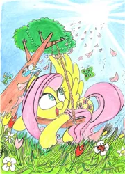 Size: 1600x2224 | Tagged: safe, artist:starpaintart, derpibooru import, fluttershy, bird, butterfly, insect, ladybug, pegasus, pony, crepuscular rays, female, flower, flower petals, grass, head turned, heart eyes, image, jpeg, looking up, lying down, mare, open mouth, outdoors, perspective, petals, prone, smiling, solo, spread wings, sun, swing, traditional art, tree, wingding eyes, wings