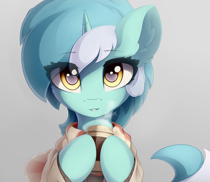 Size: 1280x1110 | Tagged: safe, artist:ifmsoul, derpibooru import, lyra heartstrings, pony, unicorn, bust, cheek fluff, clothes, coffee cup, cup, cute, ear fluff, eye clipping through hair, female, high res, hoof hold, image, jpeg, looking at you, lyrabetes, mare, scarf, solo, sweater