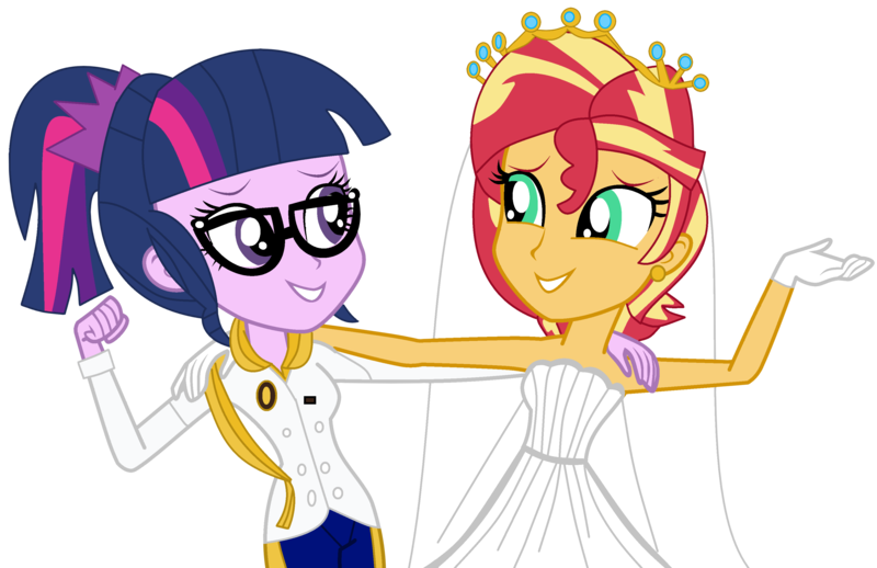 Size: 3452x2234 | Tagged: safe, artist:jadethepegasus, derpibooru import, sci-twi, sunset shimmer, twilight sparkle, fanfic:sunset shimmer discovers her feet, equestria girls, clothes, crossover, crown, cute, dress, fanfic art, female, glasses, happily ever after, happy, image, jewelry, lesbian, marriage, png, regalia, romance, scitwishimmer, shimmerbetes, shipping, sleeveless, smiling, sunsetsparkle, the little mermaid, wedding, wedding dress