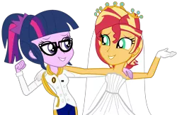 Size: 3452x2234 | Tagged: safe, artist:jadethepegasus, derpibooru import, sci-twi, sunset shimmer, twilight sparkle, fanfic:sunset shimmer discovers her feet, equestria girls, clothes, crossover, crown, cute, dress, fanfic art, female, glasses, happily ever after, happy, image, jewelry, lesbian, marriage, png, regalia, romance, scitwishimmer, shimmerbetes, shipping, sleeveless, smiling, sunsetsparkle, the little mermaid, wedding, wedding dress