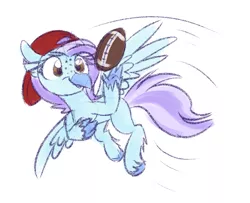 Size: 1545x1256 | Tagged: safe, artist:littleblackraencloud, derpibooru import, oc, oc:ocean breeze, classical hippogriff, hippogriff, backwards ballcap, baseball cap, cap, catching, claws, flying, football, hat, hippogriff oc, image, kansas city chiefs, png, solo, sports, spread wings, wings