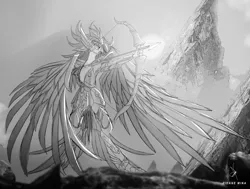 Size: 3185x2412 | Tagged: safe, artist:zidanemina, derpibooru import, captain celaeno, avian, my little pony: the movie, archery, black and white, bow (weapon), crossover, gold saint, grayscale, high res, image, jpeg, monochrome, sagittarius, saint seiya, solo