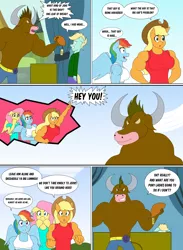 Size: 3054x4168 | Tagged: safe, artist:matchstickman, derpibooru import, applejack, fluttershy, rainbow dash, oc, anthro, earth pony, minotaur, pegasus, pony, comic:now i'm a jerk, abs, applejacked, armpits, belt, biceps, bread, clothes, comic, commission, dialogue, earth pony oc, female, food, high res, image, male, mare, muscles, pecs, png, rainbuff dash, speech bubble, stallion