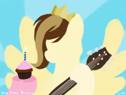 Size: 1024x768 | Tagged: safe, artist:rockhoppr3, derpibooru import, pinkie pie, oc, oc:prince whateverer, earth pony, pegasus, pony, candle, crown, cupcake, food, guitar, hoof hold, image, jewelry, jpeg, musical instrument, regalia, silhouette, solo, spread wings, wings