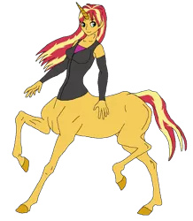 Size: 754x866 | Tagged: safe, alternate version, artist:cdproductions66, artist:nypd, derpibooru import, sunset shimmer, anthro, centaur, monster girl, base used, centaurified, clothes, detached sleeves, female, hooves, human head, image, missing cutie mark, png, raised hoof, raised hooves, red hair, shirt, simple background, solo, transparent background, turquoise eyes, two toned hair, two toned tail, undershirt, unicorn horn, unitaur, vest