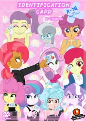 Size: 1414x2000 | Tagged: suggestive, artist:theminus, derpibooru import, apple bloom, babs seed, cozy glow, diamond tiara, li'l cheese, princess flurry heart, scootaloo, silver spoon, sweetie belle, equestria girls, the last problem, fake id, image, jpeg